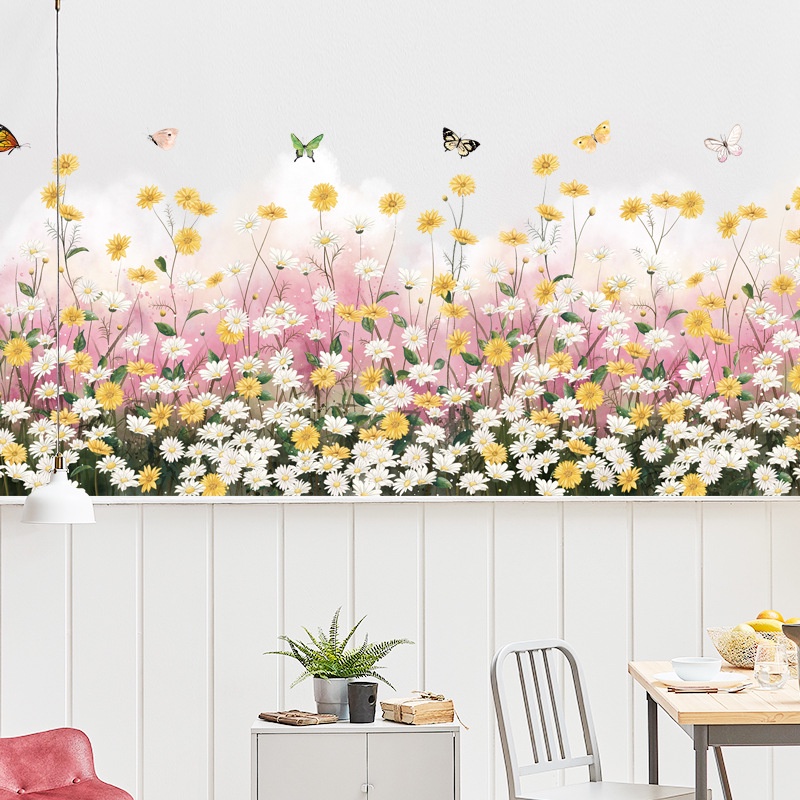 Decal dán tường chân tường hoa cúc hoạ mi sắc màu decor trang trí phòng khách phòng ngủ