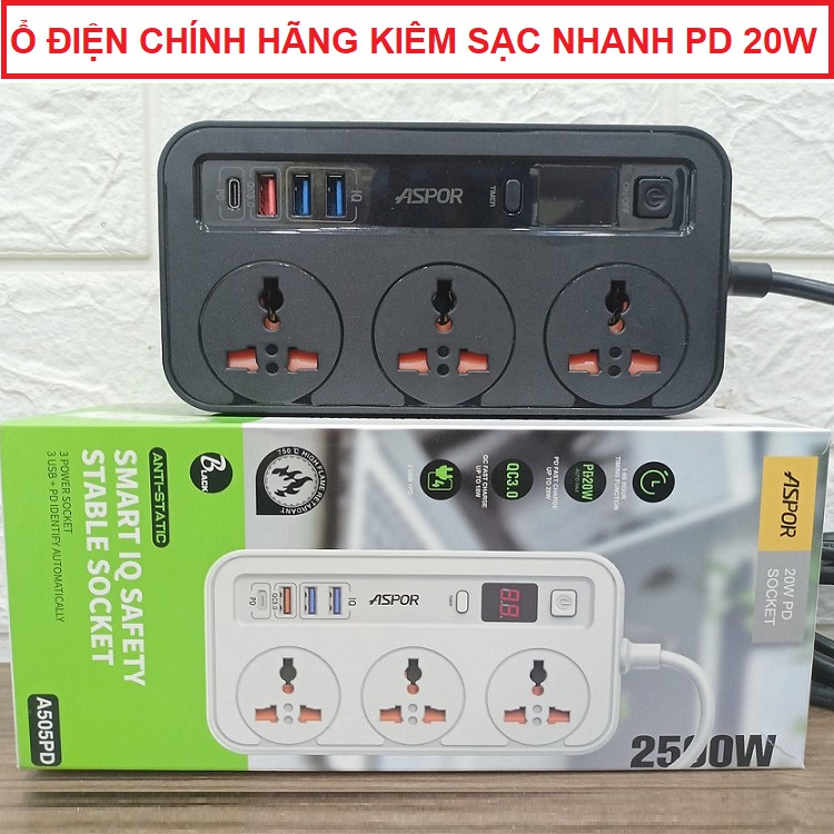 Ổ Điện Chính Hãng Aspor A505-PD, Sạc Nhanh USB C-PD 20W - Có Hẹn Giờ - Chống Cháy Nổ - Dây Dài 2m