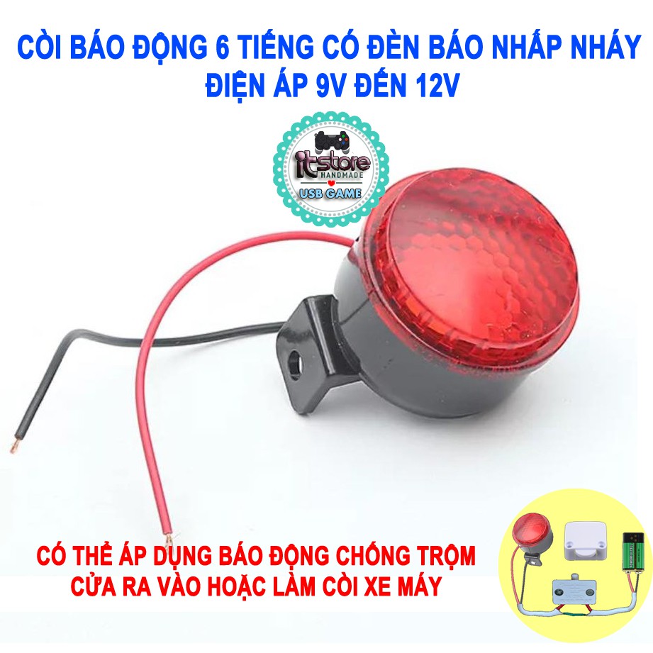 Còi báo động 6 tiếng có đèn báo nhấp nháy cho chuông chống trộm cửa ra vào, xe máy hay công tắc cảm ứng 9V - 12V