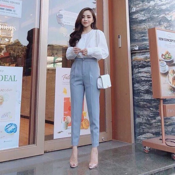Quần tây công sở nữ lưng cao mẫu mới - Chất tuyết mưa màu Trắng - Đen - Dáng dài ống đứng lưng cao - mặc đi học đi làm | BigBuy360 - bigbuy360.vn