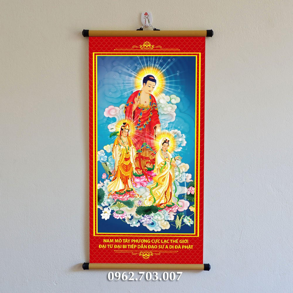 Tranh Tây Phương Tam Thánh treo tường bằng vải cao cấp dày dặn bền đẹp 30x60cm, tranh Phật treo tường