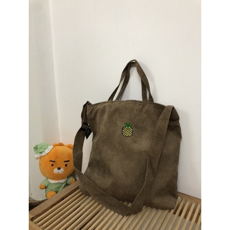 Túi tote đeo chéo xương rồng, quả thơm thêu ulzzang Hàn Quốc