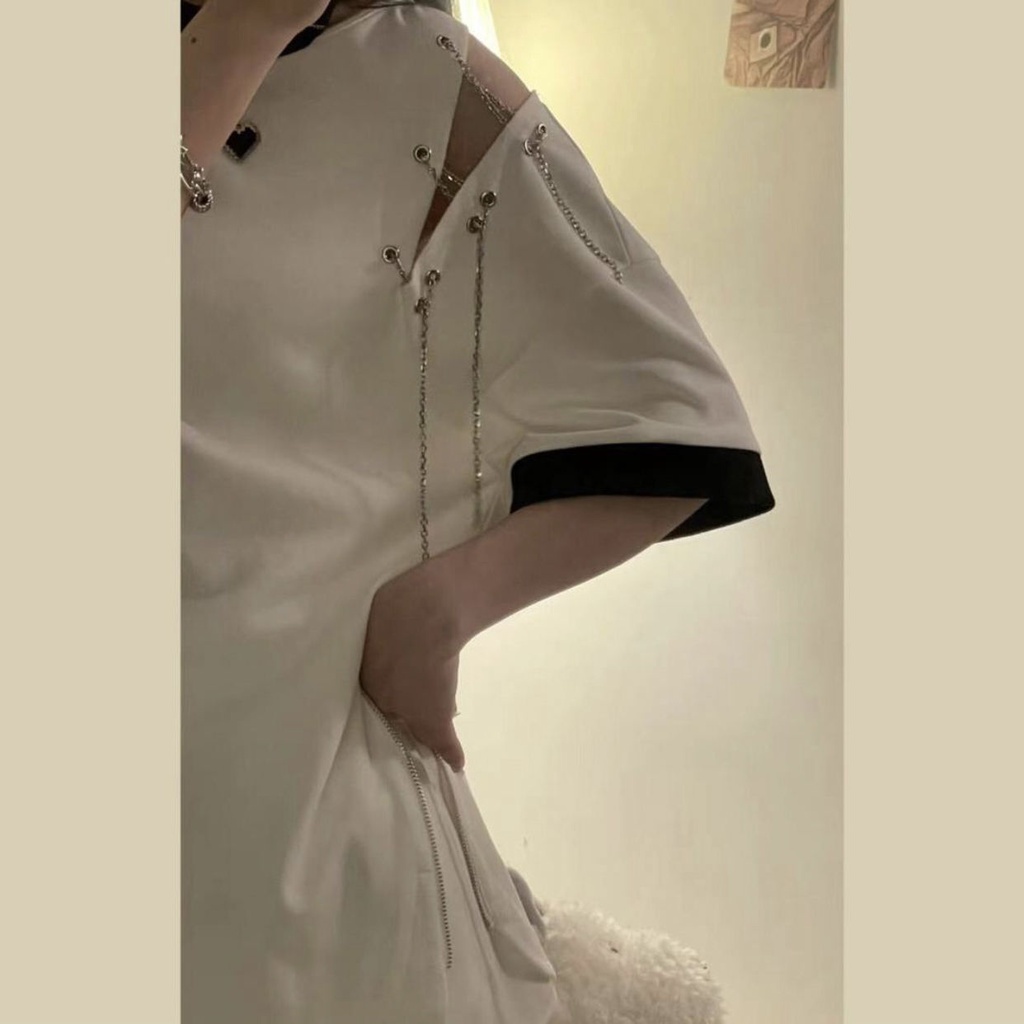 Áo Thun Ngắn Tay Trễ Vai Phối Khóa Kéo Phong Cách hiphop Cho Nữ