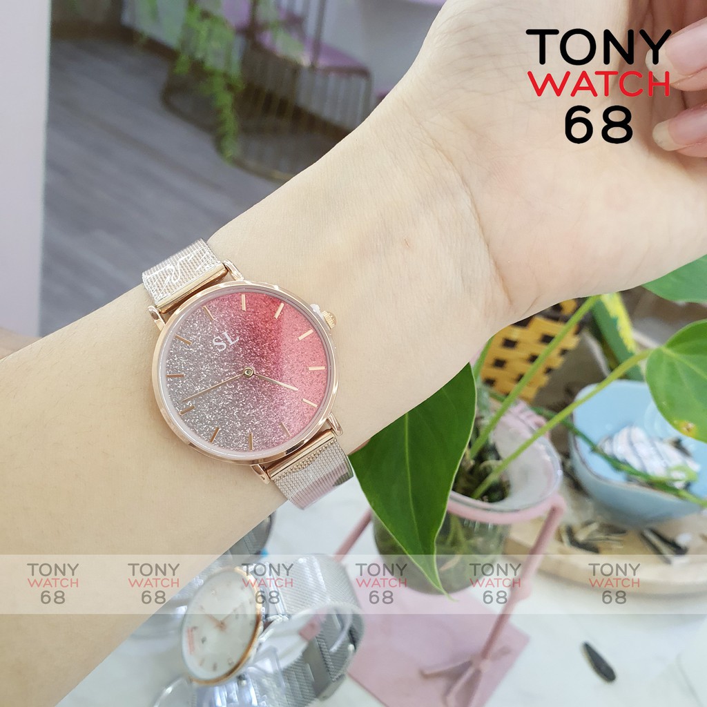 Đồng hồ nữ SL dây kim loại vàng hồng mặt nhũ 2 màu độc đáo chống nước chính hãng Tony Watch 68