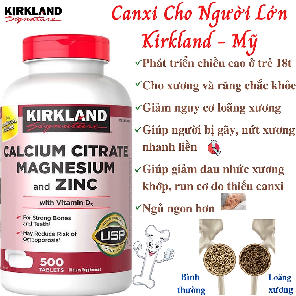 Viên uống bổ xương Khớp Kirkland Calcium Citrate Magnesium And Zinc 500 Viên của Mỹ