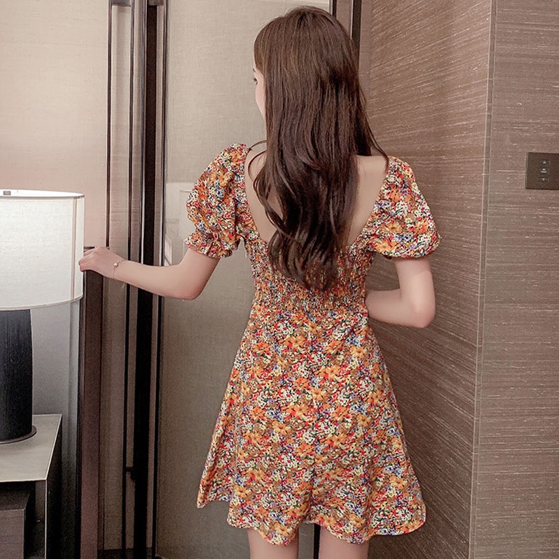 Đầm Yeya tay phồng cổ vuông in hoa thời trang Pháp cổ điển cho nữ