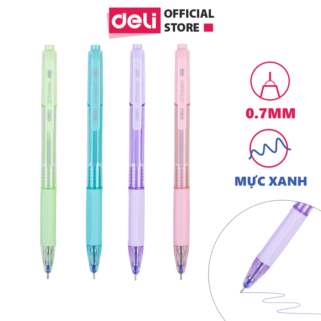 Bút bi bấm văn phòng mực xanh ngòi 0.7mm Deli giá rẻ viết nét đều trơn tru cho học sinh có đệm tay cao su EQ199