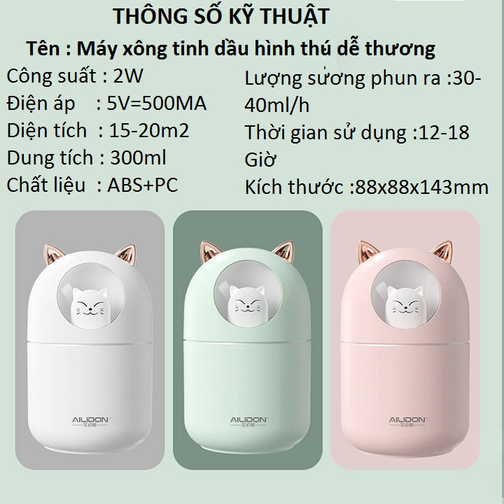 Máy xông tinh dầu phun sương mini cao cấp có đèn led làm đèn ngủ 300ml hình thú cute trang trí nhà cửa- tặng tinh dầu