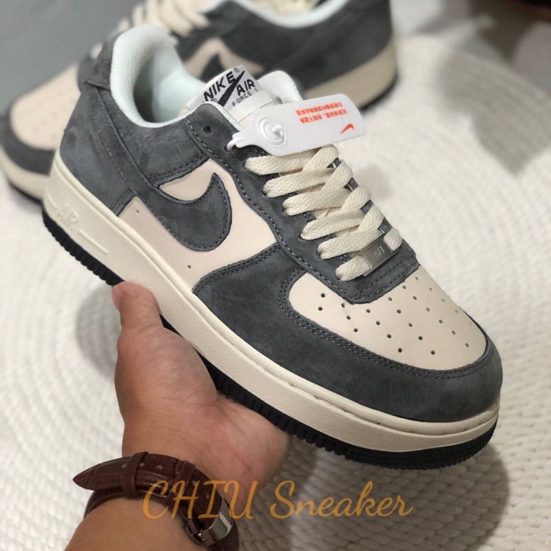 Giày nam nữ Sneaker AF1 xám kem cao cấp giày Air force 1 Grey Cream da lộn phiên bản cao cấp