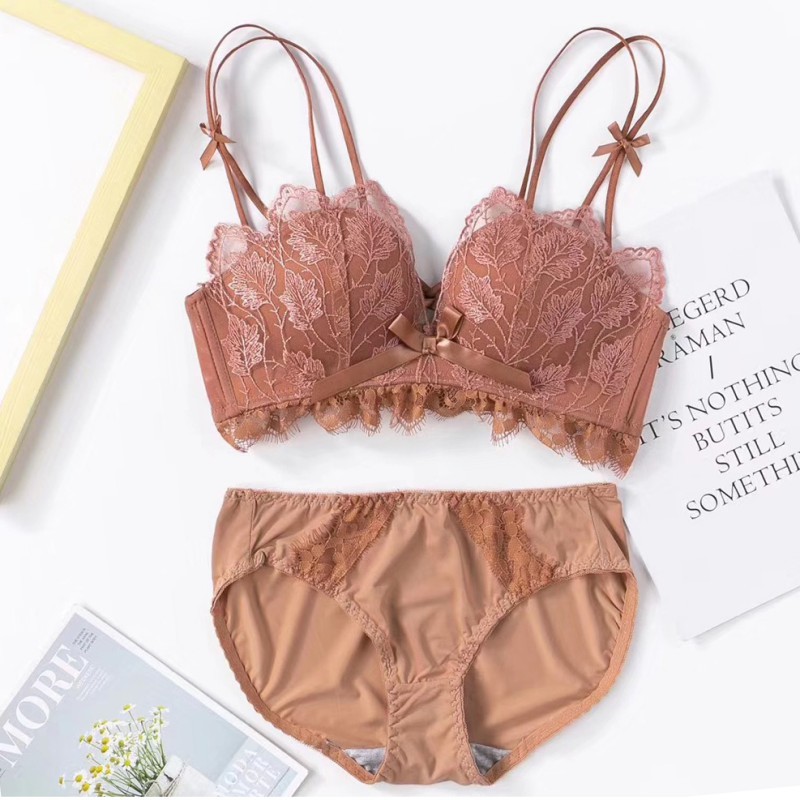 Set áo lót ren đính nơ không gọng tùy chỉnh kích cỡ + quần lót thời trang cho nữ