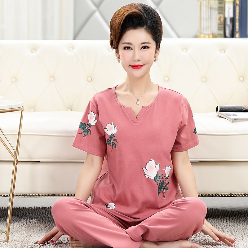 Đồ ngủ & Đồ mặc nhà❒▩Bộ đồ ngủ mùa hè của phụ nữ cotton cho bà mẹ trung niên và cao tuổi hai mảnh quần dài ngắn