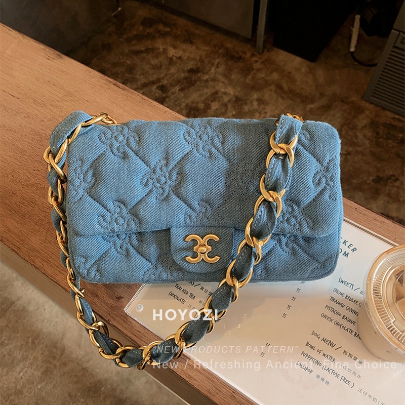 Túi denim Mềm Hình Vuông Nhỏ Họa Tiết Kẻ Sọc Đính Đá Có Khóa Gài Thời Trang Mùa Hè 2022 Gylb1410