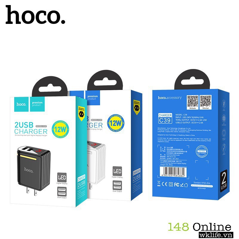 Củ Sạc HOCO C39 | Sạc Nhanh Iphone Ipad | 2 USB Led Báo Dòng