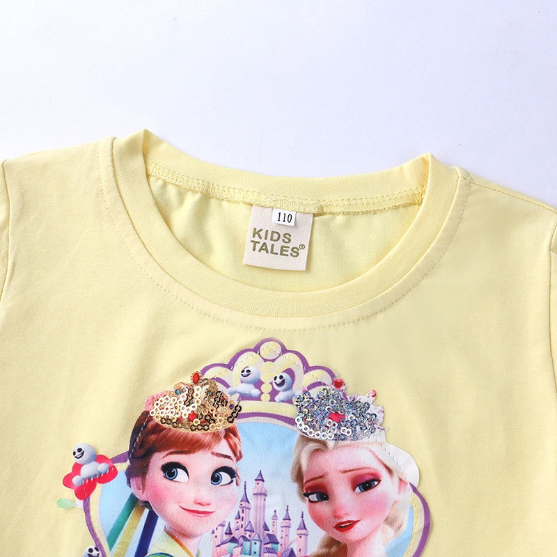 3-10Yrs Girls Print Cotton Princess Dress Sequin Summer Cartoon Elsa Short Sleeve Dress Bling Bling Kids Frozen Clothing