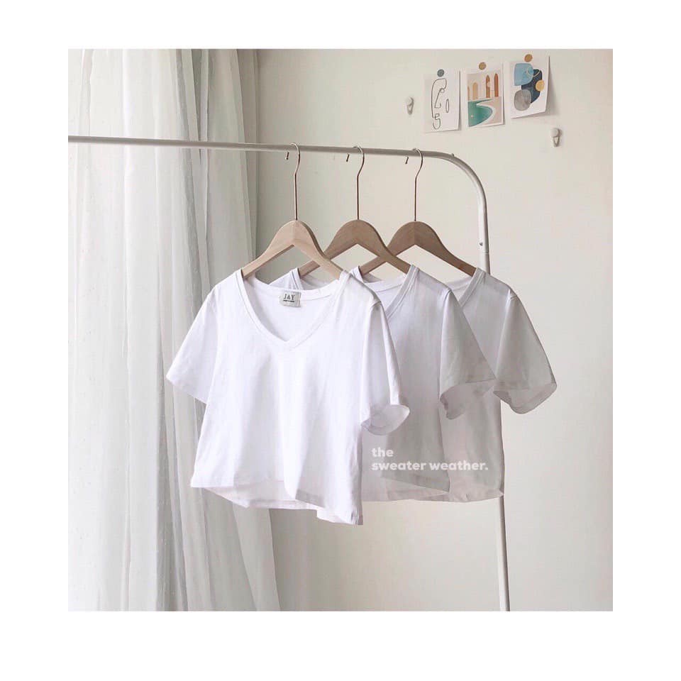 Áo Croptop Cổ Tim PEONYB Nữ [FREESHIP]  Thun cộc tay basic chữ V, phông trơn ngắn màu ĐEN | TRẮNG Ulzzang HOT