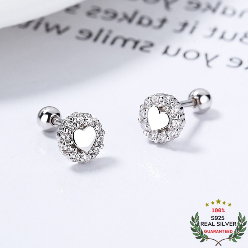 Bông Tai Bạc S925 Pendant Heart Chốt Bi Vặn Dễ Thương | Khuyên Tai Nữ Trang Sức Bạc Thời Trang