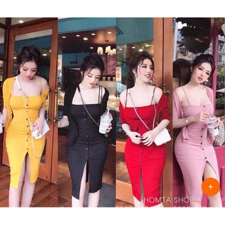 Đầm body len gân kèm áo khoác hàng xuất khẩu