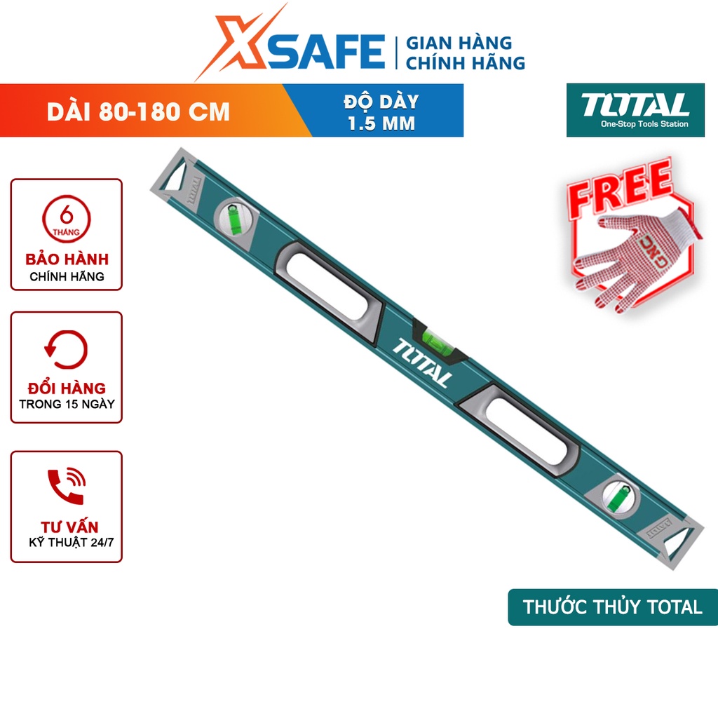 Thước thủy TOTAL chiều dài 80-180cm, độ dày 1.5mm dùng đo góc nghiêng, độ nghiêng, độ dốc - chính hãng