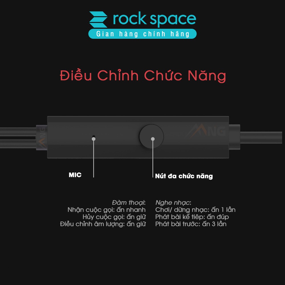 Tai nghe nhét tai có dây Rock Space Mufree, màu đen, có micro hàng chính hãng bảo hành 1 đổi 1 trong 12 tháng