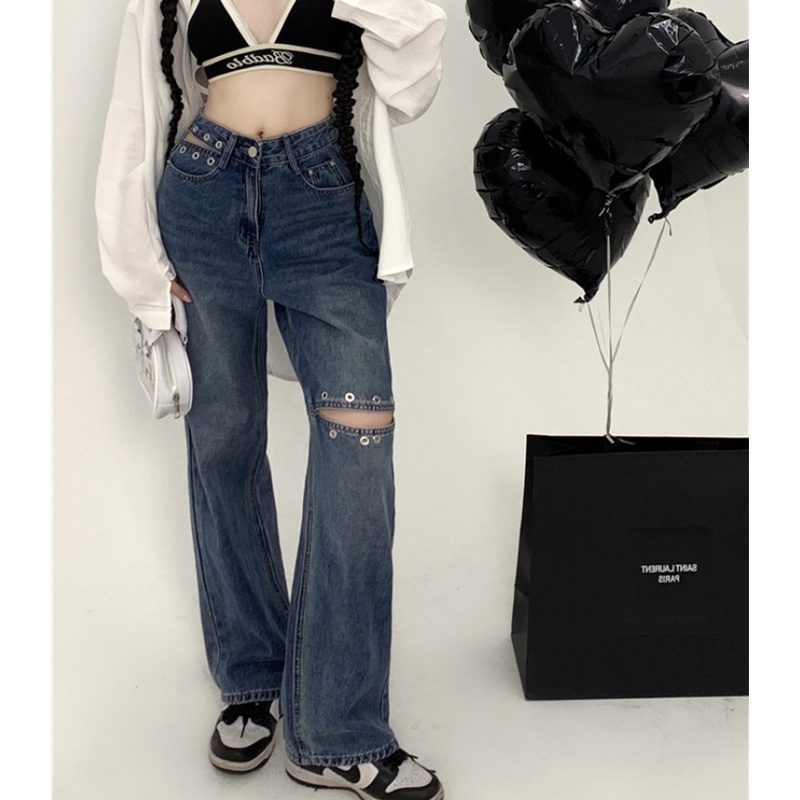 Quần Jean Nữ Lưng Cao Rách Gối Thời Trang