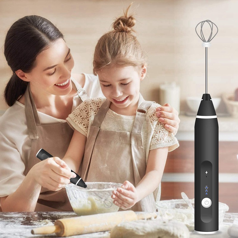 【Lifestyle】Mini Electric Milk Frother,USB Rechargeable Drink Mixer Handheld Egg Beater with 3 Mixing Head for Cappuccino