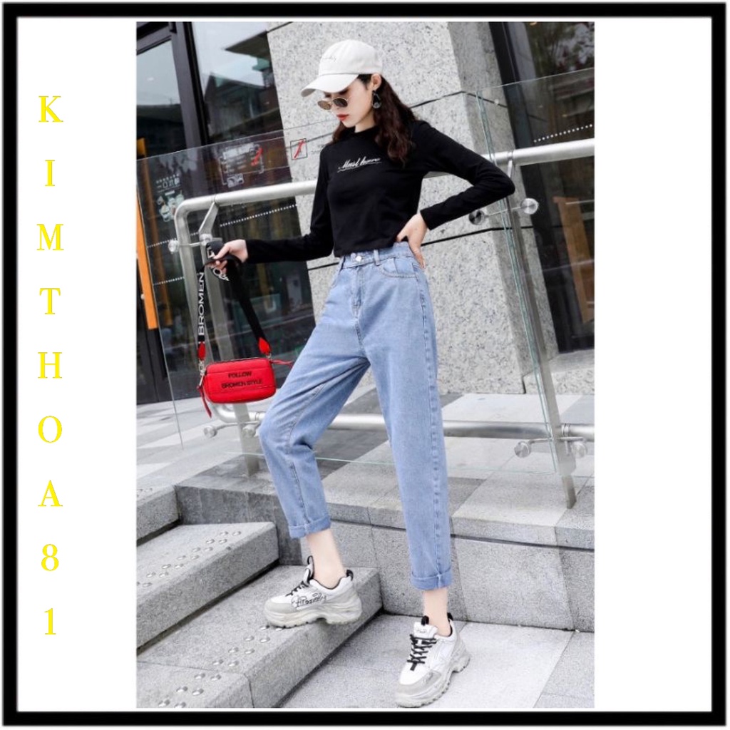 Quần jeans baggy nữ lưng cao hoạ tiết trơn vải bò dày dặn freeship
