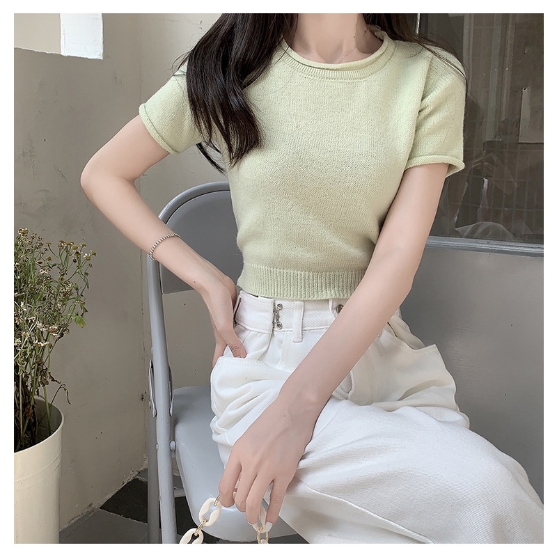 Áo croptop dệt kim SUXI tay ngắn lưng cao cột dây phong cách Hàn Quốc quyến rũ