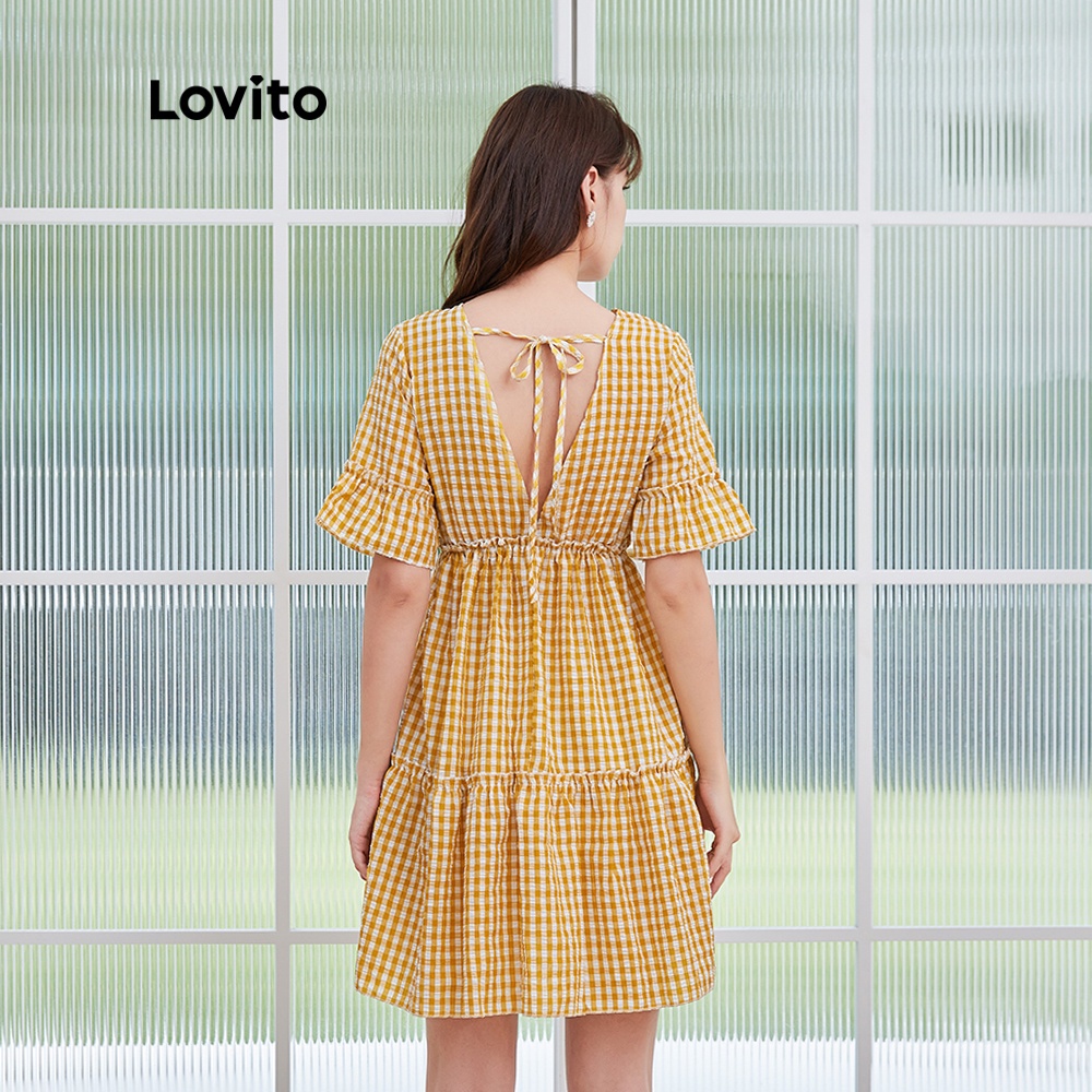 Đầm Ngắn Lovito Viền Xếp Nếp Dáng Rộng Cổ V Họa Tiết Sọc Caro Thường Ngày L04120 (Màu Vàng/Xanh Dương)