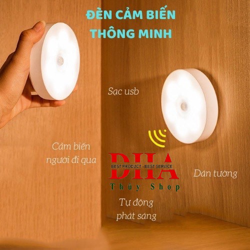 Tặng sạc Đèn LED tròn cảm ứng chuyển động chạy bằng pin cao cấp gắn tủ