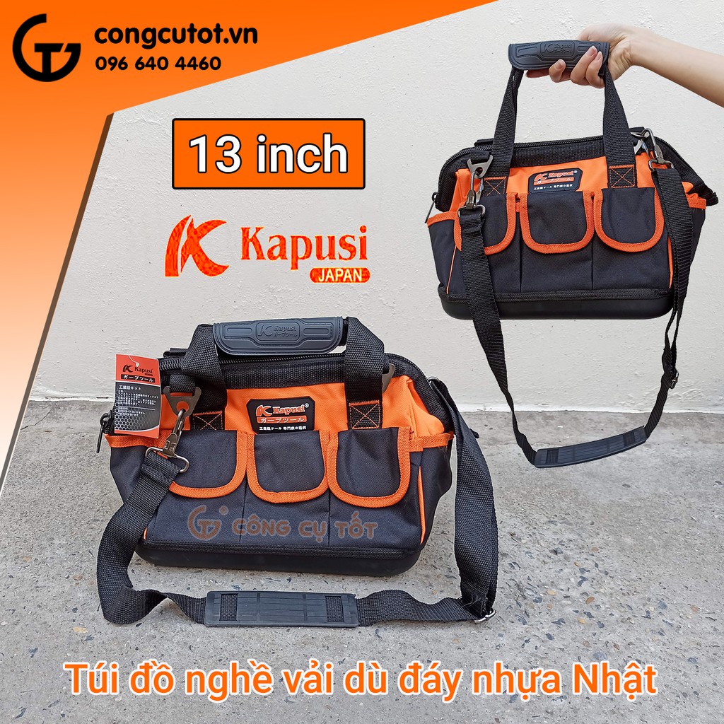 Túi đồ nghề Kapusi 13 inch kèm 8 túi phụ bằng vải dù đáy nhựa cứng Nhật Bản