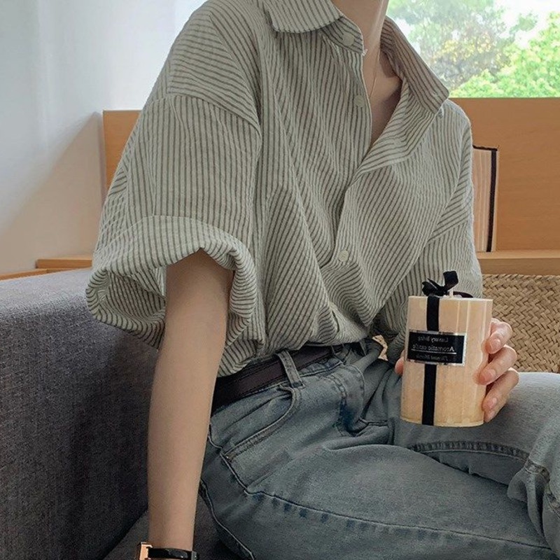 Áo Sơ Mi polo Ngắn Tay Họa Tiết Sọc Thời Trang Dành Cho Nữ