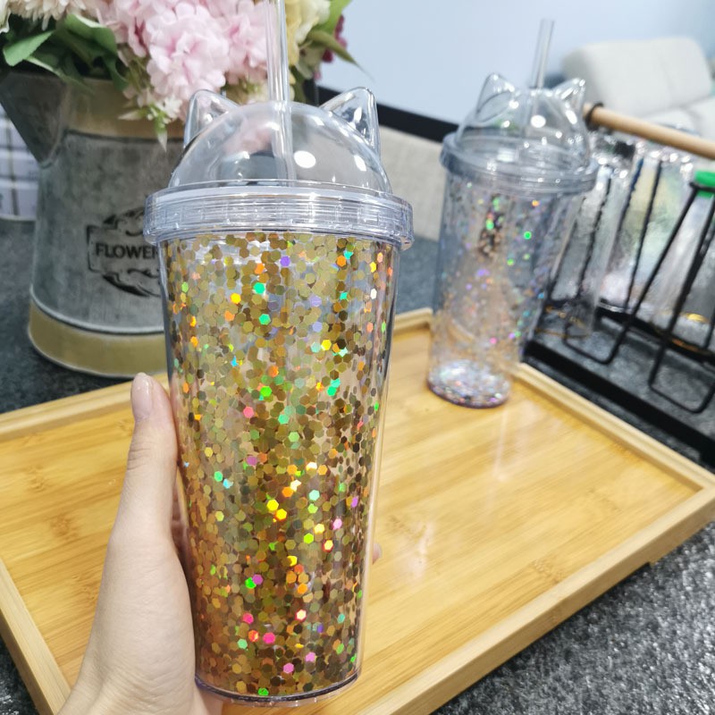 Ly Đựng Nước Tiện Lợi 2 Lớp Hình Tai Mèo Dễ Thương
