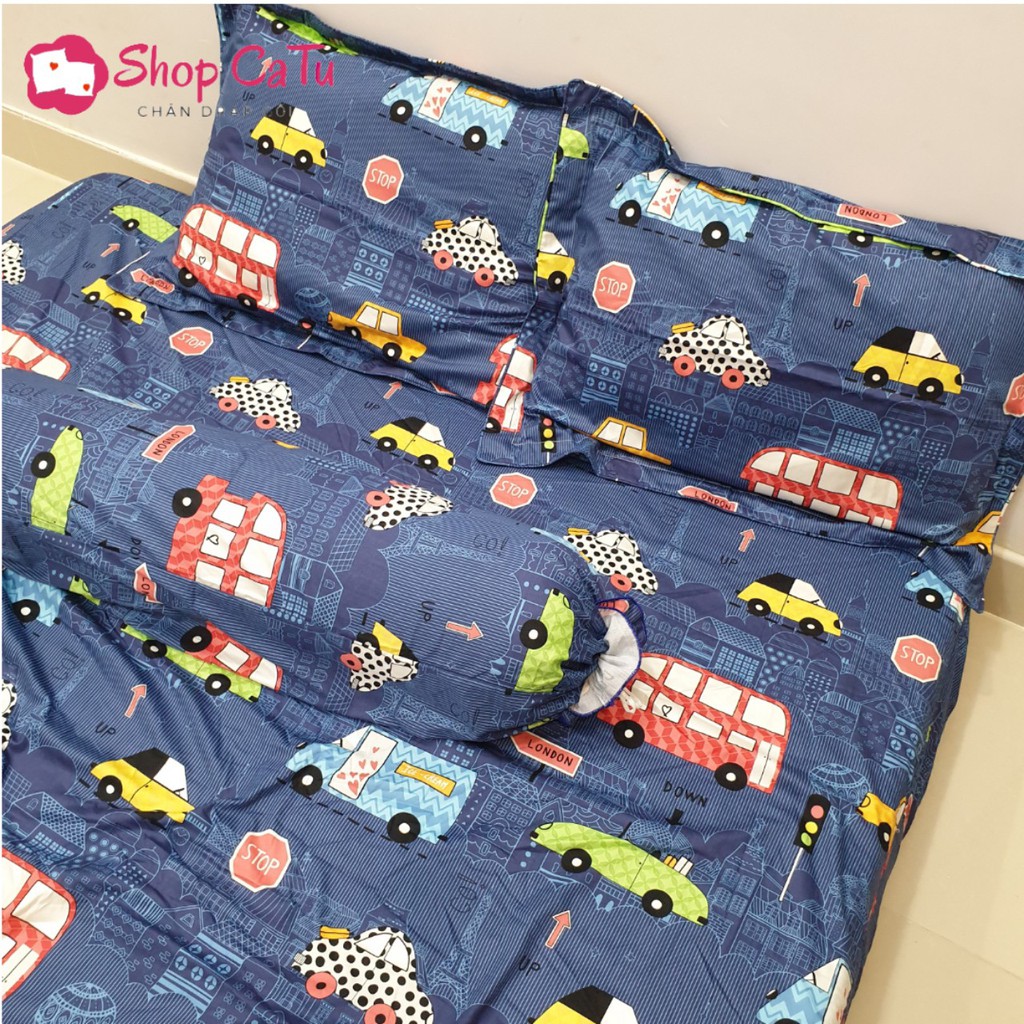 Vỏ gối ôm cotton poly 35x100cm mẫu-ô tô xanh