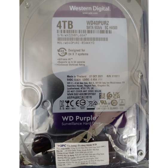 Ổ cứng WD Purple 4TB WD40PURZ - Lắp máy tính - đầu ghi Camera - Hàng chuẩn
