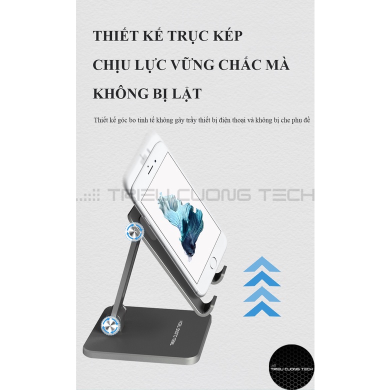 Giá Đỡ Điện Thoại (All Size) Hợp Kim Nhôm Nguyên Khối Triều Cường Tech 2 Trục Điều Chỉnh Góc Độ - Gấp Gọn Tiện Lợi