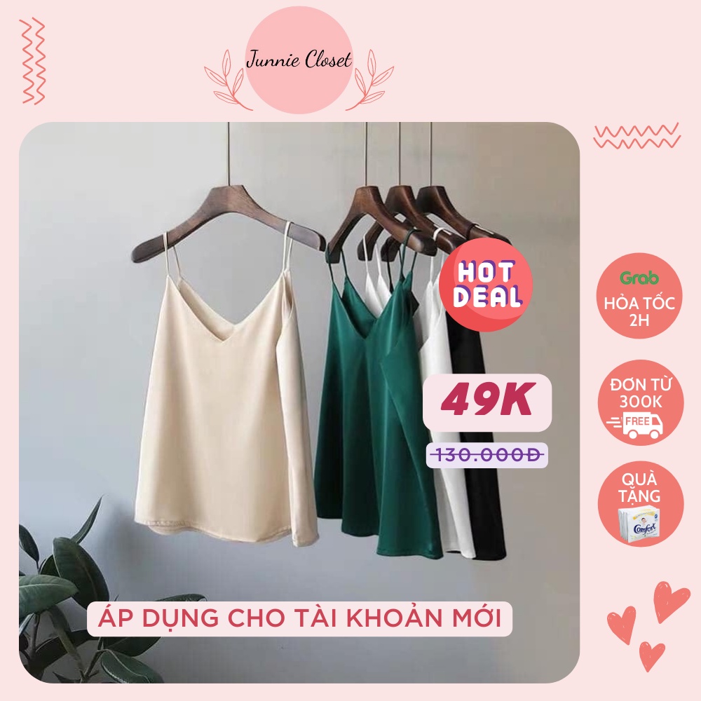 Áo 2 dây nữ trơn Junnie Closet chất liệu lụa cao cấp dáng suông