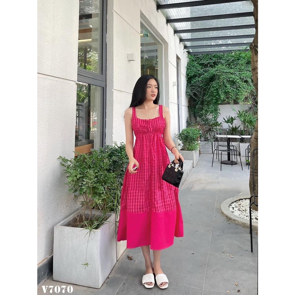 Váy 2 dây caro hồng siêu xinh, đầm 2 dây hồng dáng dàng, đầm hồng hottrends
