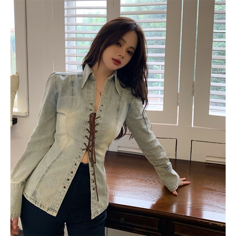 Áo Sơ Mi Denim Tay Dài Thắt Dây Chéo Phong Cách Cổ Điển Thời Trang Cho Nữ