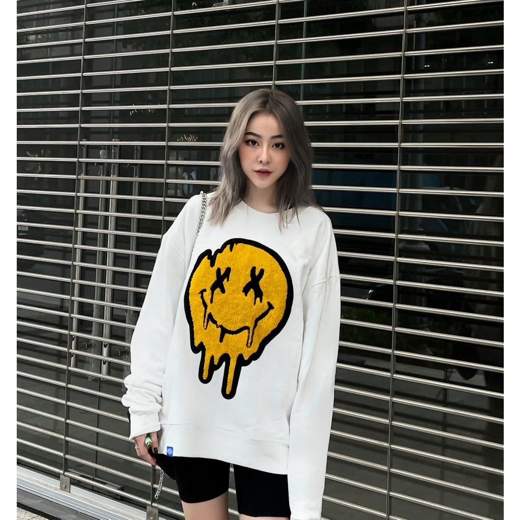 Áo Sweater Mùa Đông Nỉ Form Rộng Yellow Face Gonz Trắng