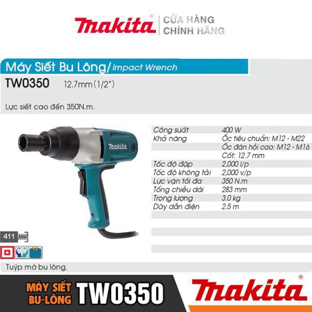 [Hàng Chính Hãng] Máy Siết Bu Lông Makita TW0350 (400W), Bảo Hành Toàn Quốc