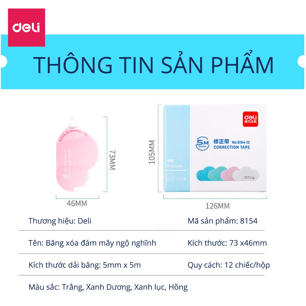 Băng xóa đám mây ngộ nghĩnh Deli - Băng xóa dài 5m - tiện lợi và nhỏ gọn - 8154