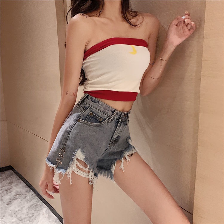 COZOKC COZOK Quần short denim COZOK phối rách cạp cao mỏng