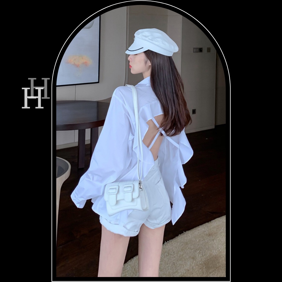Áo sơ mi form hở lưng viền bèo dây đan chéo HAF29