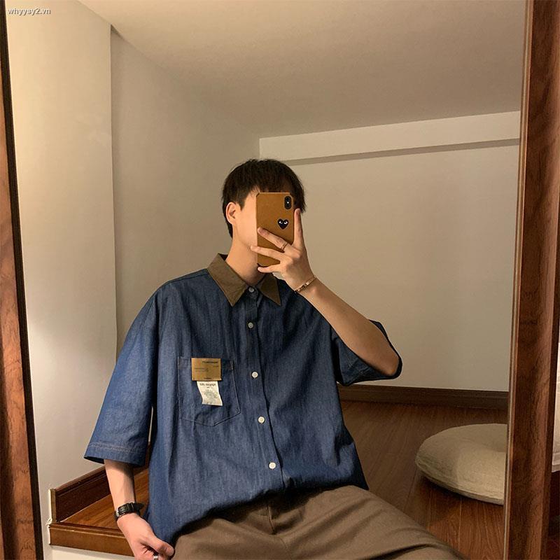 Áo sơ mi denim nam tay ngắn thiết kế dáng rộng phong cách retro Mỹ thời trang mùa hè mới 2021