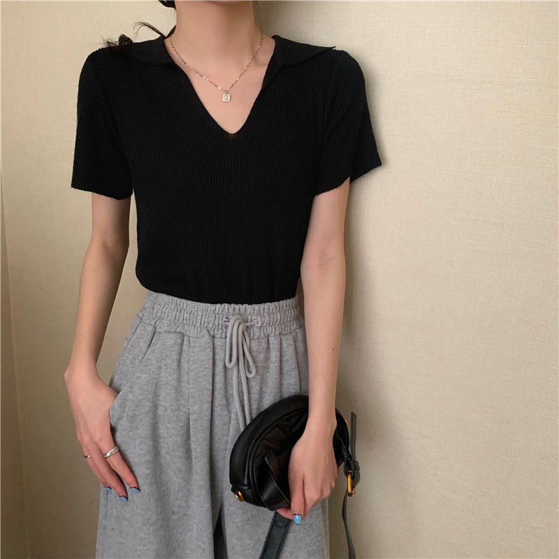 Áo Croptop Nữ Tay Ngắn Cổ Chữ V Polo Dáng Ôm Thoáng Mát Màu Trơn Thanh Lịch 8 Màu Tùy Chọn Thời Trang | BigBuy360 - bigbuy360.vn