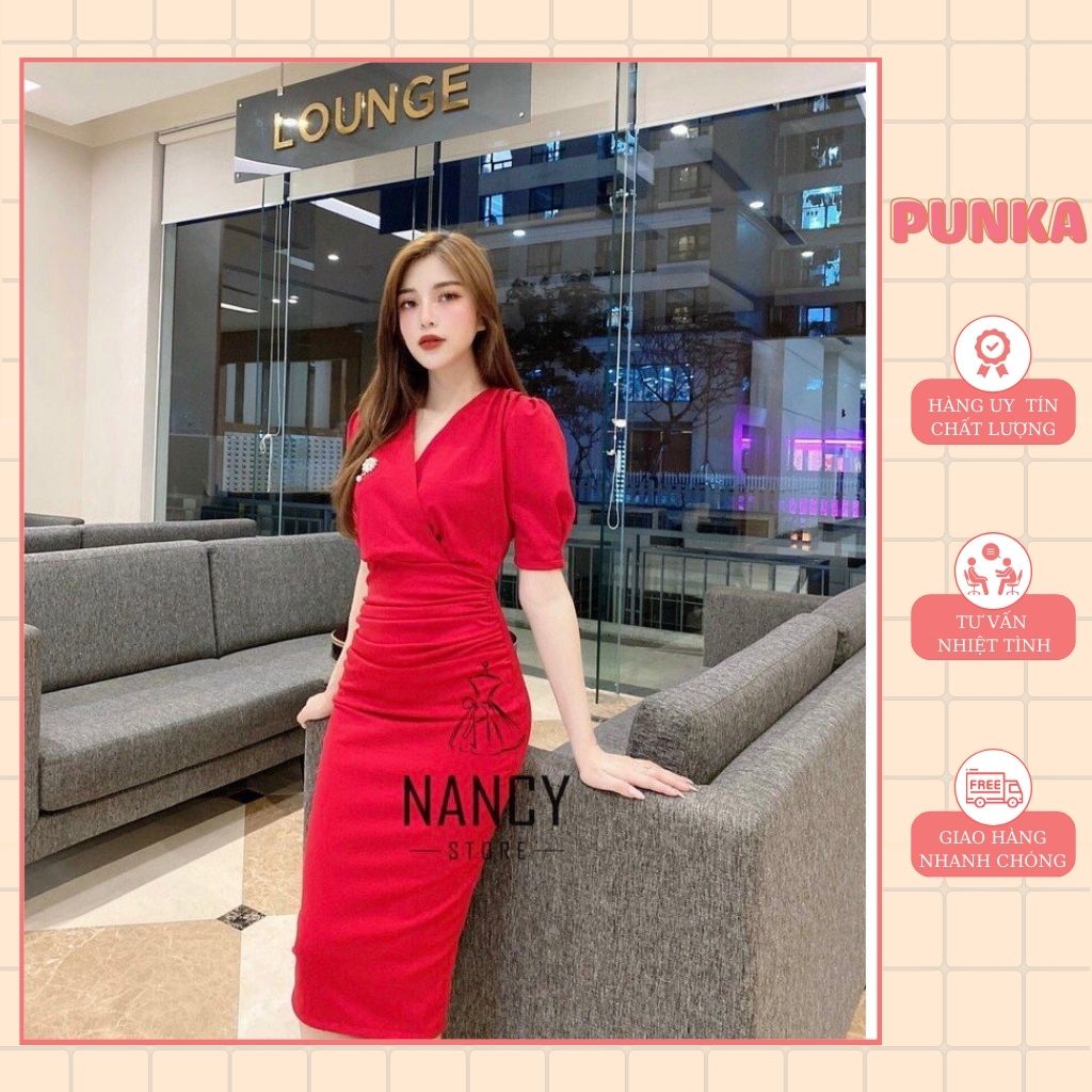 Đầm đỏ tay ngắn đính hoa ngực cổ vuông cao cấp sang chảnh dự tiệc công sở