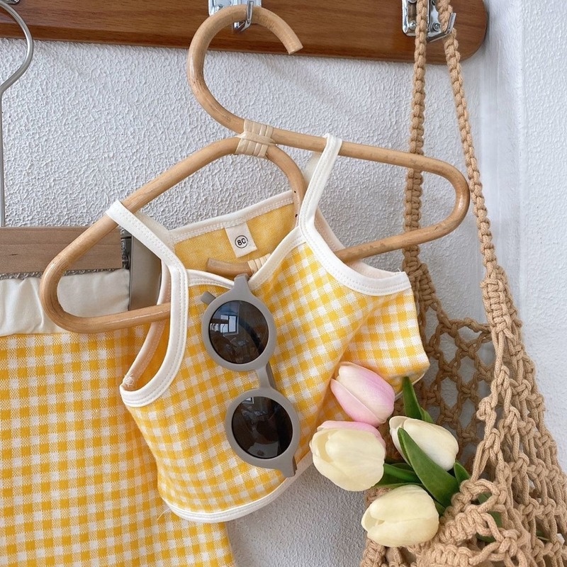 Set Áo Thun Ngắn Tay Cổ Tròn + Đầm Yếm Caro Thời Trang Hàn Cho Bé Gái