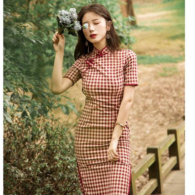 //SỈ BẰNG LẺ //Đầm Sườn xám kẻ karo đỏ ôm  trung hoa cổ điển nữ đi chơi dự tiệc xinh đẹp