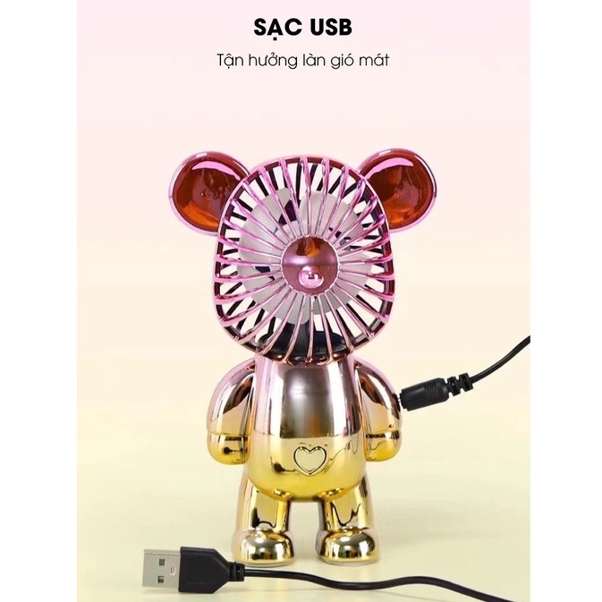 Quạt mini tích điện cầm tay gấu bearbrick, quạt mini bỏ túi HSON cổng sạc USB tiện dụng decor bàn làm việc