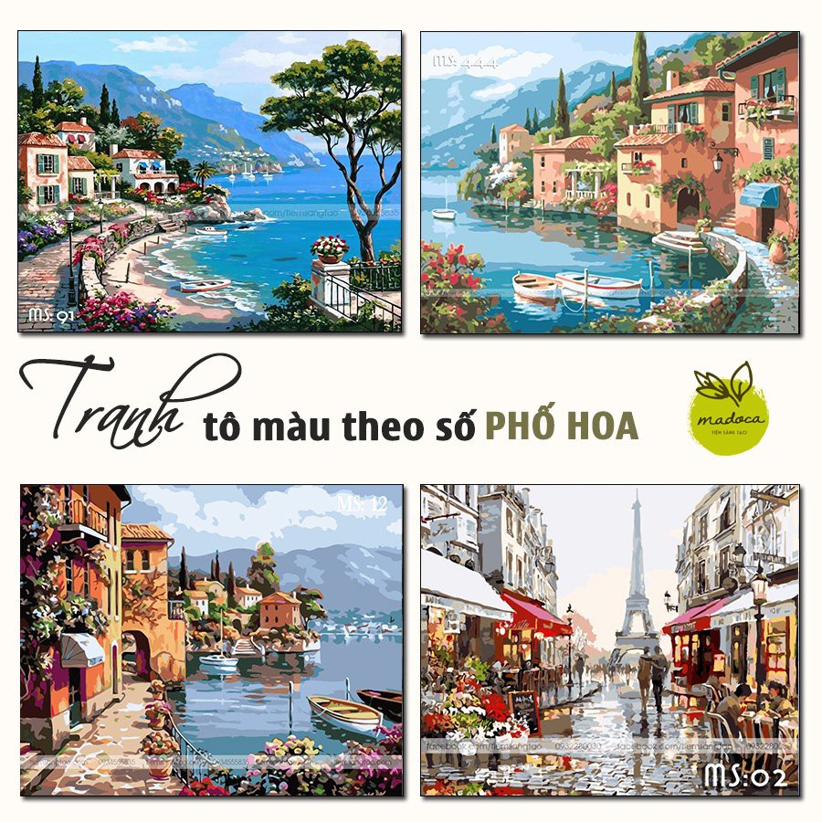 [TỔNG HỢP] Tranh sơn dầu số hóa tự tô màu Phố Hoa (có khung 40x50cm)